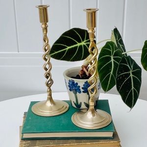 Set of 2 -tall Vintage Brass spiral candlesticks.